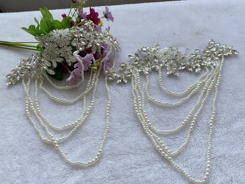 wtbvn 1 Pair Beaded Rhinestones Applique Embellishment for Clothes Epaulettes Shoulder Patches Sew-on Diamond Sequin Tassels Applique for Wedding Dress DIY Accessories 9.8X10.2inches (Silver) - Image 3